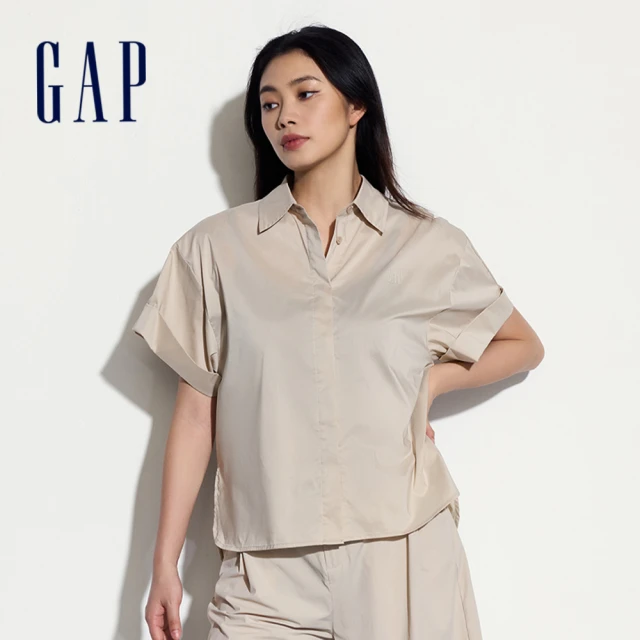 GAPGAP 女裝 Logo翻領短袖襯衫-卡其色(464869)
