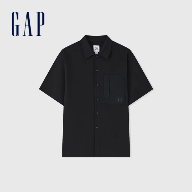 GAP 男裝 Logo翻領短袖襯衫-藍灰色(464287) 
