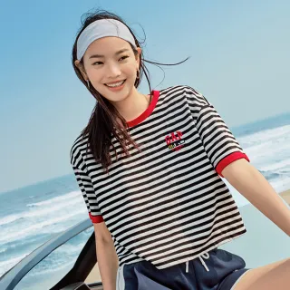 【GAP】女裝 Logo純棉印花圓領短袖T恤 親膚系列-黑白條紋(465246)
