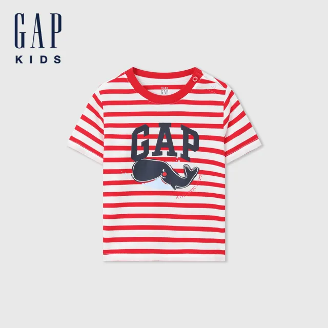 【GAP】男幼童裝 Logo純棉印花圓領短袖T恤-紅白條紋(465390)