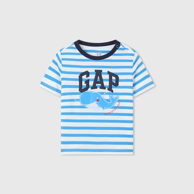 【GAP】男幼童裝 Logo純棉印花圓領短袖T恤-藍白條紋(465390)