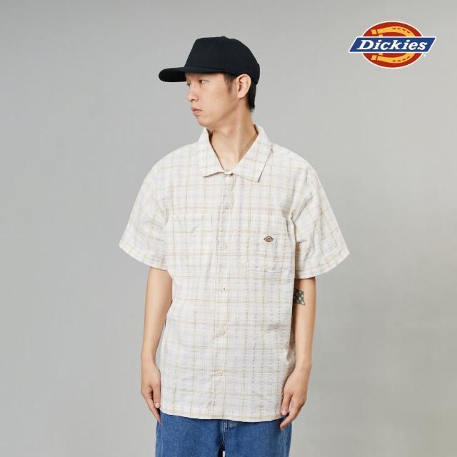 【Dickies】男款白格紋純棉泡泡紗Logo織標休閒短袖襯衫｜DK012915H77