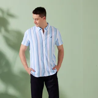 【NAUTICA】男裝 純棉條紋短袖襯衫(藍色)