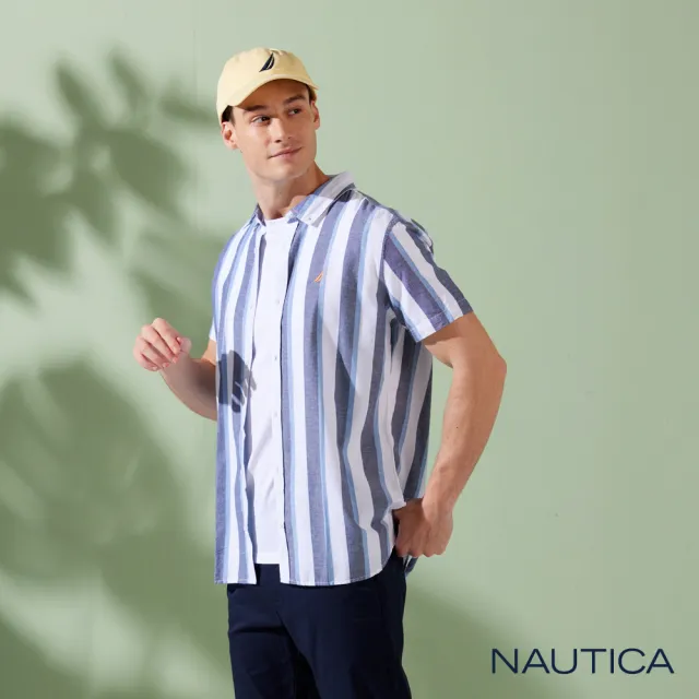 【NAUTICA】男裝 純棉條紋短袖襯衫(深藍)