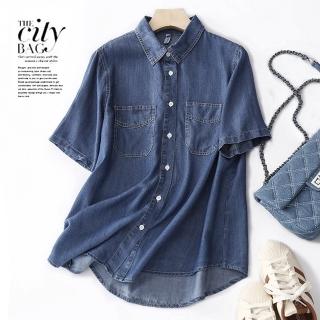 【Paiya 派亞】夏季新款牛仔襯衫短袖寬松上衣天絲襯衣夏季薄外套(M-2XL)