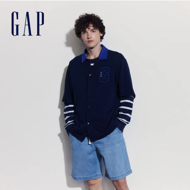 GAP 男裝 Logo翻領短袖POLO衫 碳素軟磨法式圈織系列-海軍藍(466818)