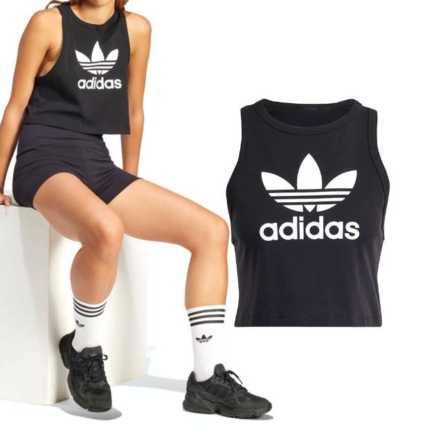 【adidas 愛迪達】Trefoil Tank 女款 黑色 Logo 短版 無袖 慢跑 運動 三葉草 背心 IU0067