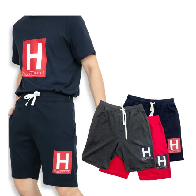【Tommy Hilfiger】Tommy Hilfiger 方框設計 棉短褲 薄刷毛 大尺碼  湯米 短褲  鬆緊(短褲9031EW4)