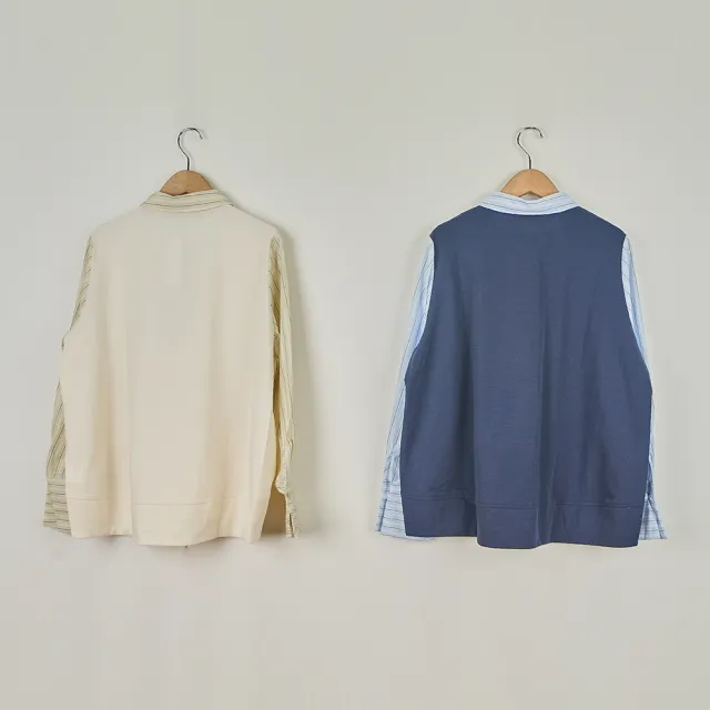 【MOSS CLUB】假兩件襯衫領繭型長袖上衣(藍 米/魅力商品)
