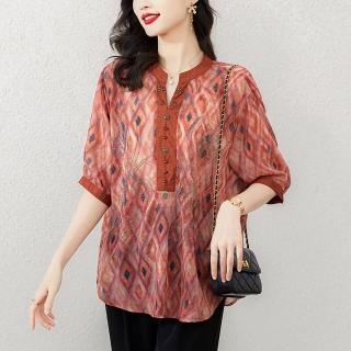【ALLK 歐楷】新品 印花小立領上衣 紅色(尺寸L-3XL/中大尺碼/涼爽/透氣)