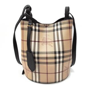 【BURBERRY 巴寶莉】40571581 經典格紋Haymarket PVC皮革飾邊水桶款肩背/斜背包(黑色)