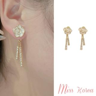【MISS KOREA】韓國設計S925銀針氣質山茶花美鑽流蘇造型耳環(S925銀針耳環 美鑽耳環 山茶花耳環)