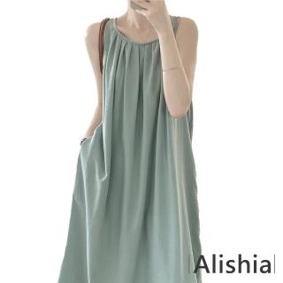 【Alishia】時尚鏤空無袖寬鬆褶皺淡雅連衣洋裝 M-L(現+預 黑 / 藍)