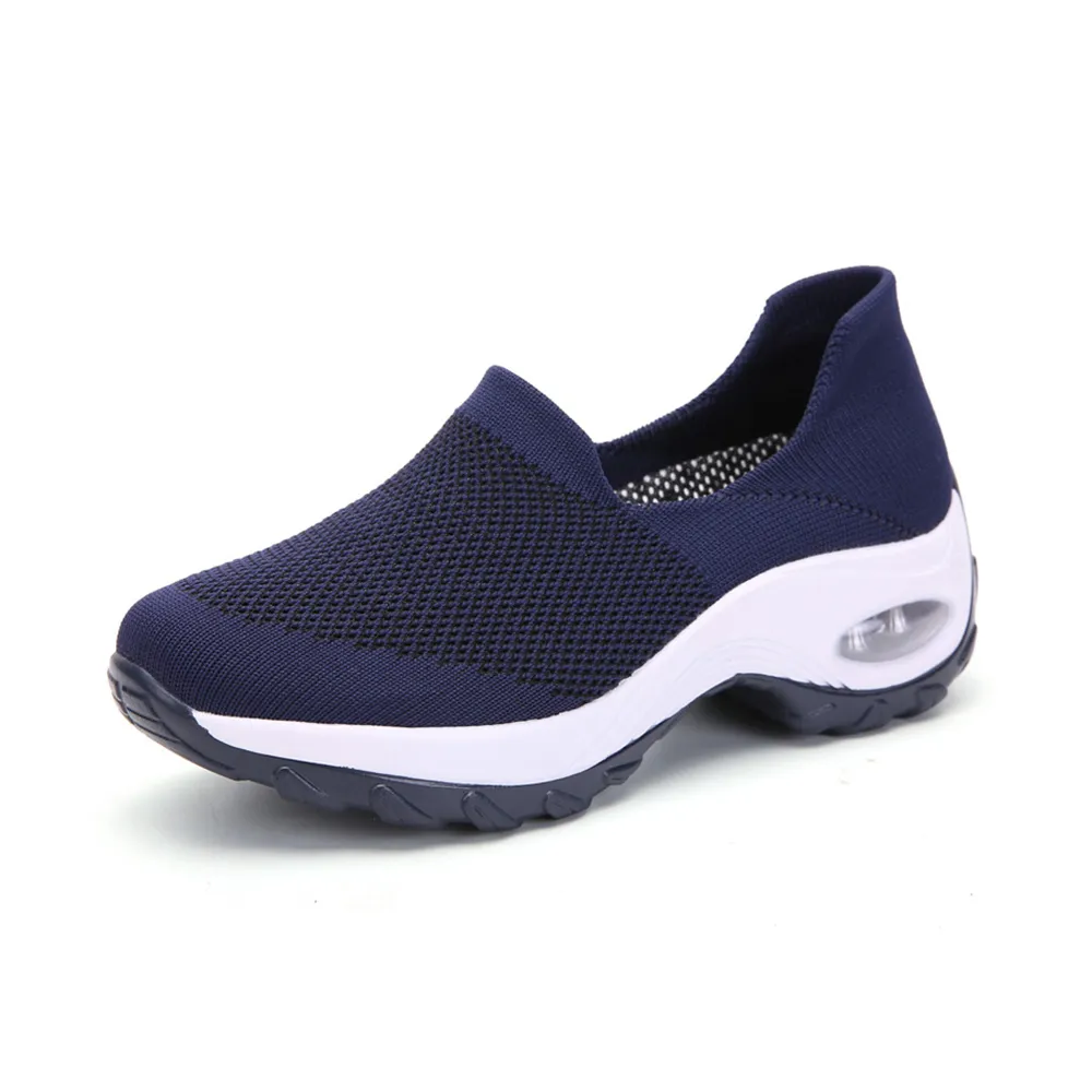 【HAPPY WALK】氣墊健步鞋/透氣網布飛織套腳休閒氣墊健步鞋(藍)