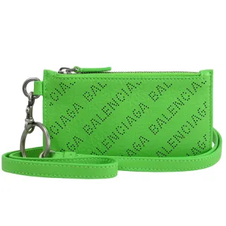 【Balenciaga 巴黎世家】滿版LOGO可拆斜背頸掛式信用卡鑰匙零錢包(螢光綠)