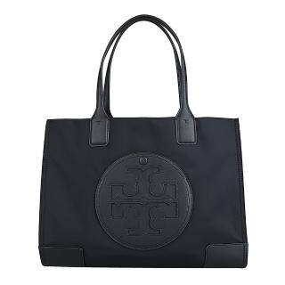 【TORY BURCH】Ella經典T字圓標皮革LOGO尼龍拼接皮革手提托特包(小/黑)