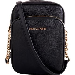 【Michael Kors】前口袋荔枝紋皮革斜背手機包(素面黑)