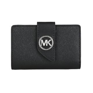 【Michael Kors】MK Greenwich金屬銀字LOGO防刮牛皮內裡滑面牛皮 6卡扣式零錢中夾(黑)