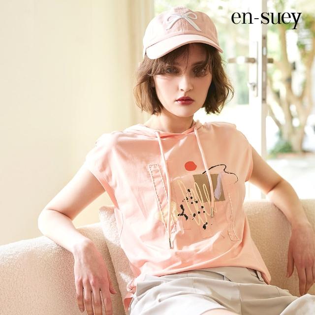 【en-suey 銀穗】手繪塗鴉圖案連帽短袖上衣-女