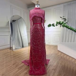 【女神婚紗禮服】輕奢高領珍珠披肩無袖後開叉小魚尾晚禮服LA72032熱情紅(選美宴會敬酒 高級訂製晚禮服)