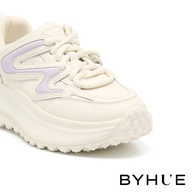 【BYHUE】率性街頭感撞色線條異材質軟芯綁帶厚底休閒鞋(紫)