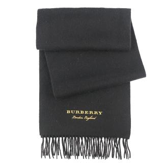 【BURBERRY 巴寶莉】40790031 經典黃標字母LOGO羊毛流蘇造型圍巾(黑色)