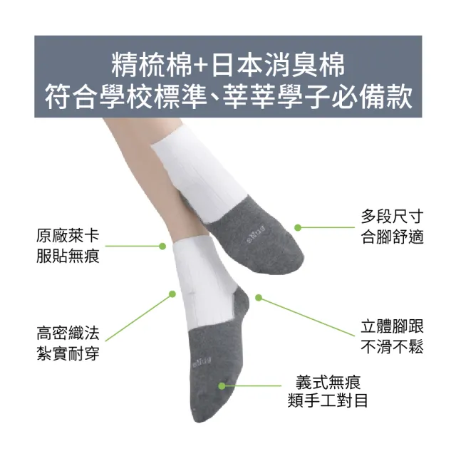 【sNug 給足呵護】3雙學生組頂級學生除臭襪x動能氣墊運動襪(襪筒白色/襪底灰色/學校規定白襪/學生運動襪)