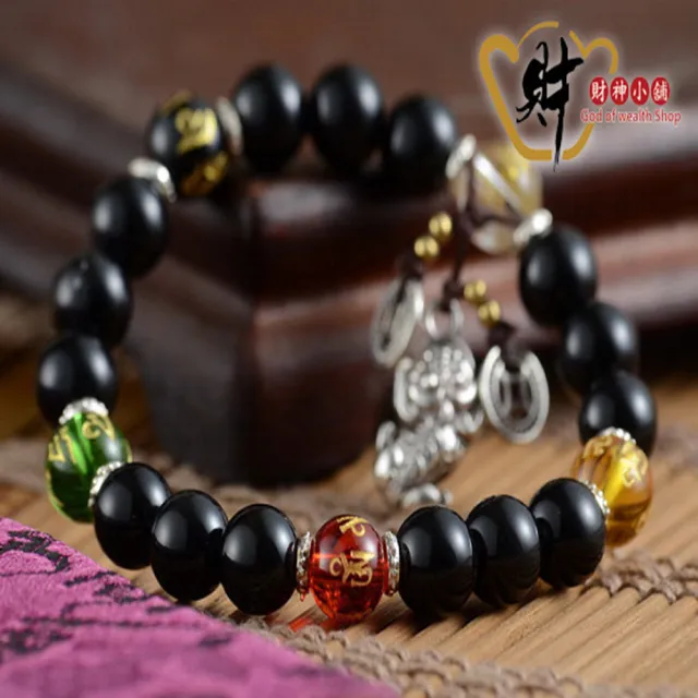 【財神小舖】六字箴言黑曜石手鍊 貔貅咬錢(已開光 開運手鍊 招財 高雄進寶財神廟 保平安)