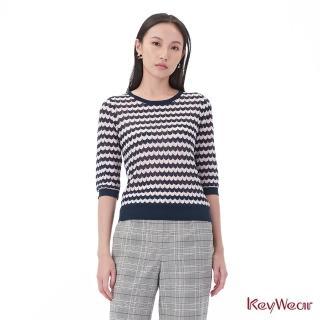 【KeyWear 奇威名品】舒適幾何撞色七分袖針織上衣