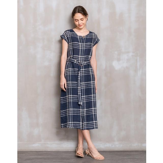 【perng yuh 芃諭名品】愜意時尚 亞麻格紋 長洋裝（附腰帶）(2024 SS Collection｜3A春夏系列)
