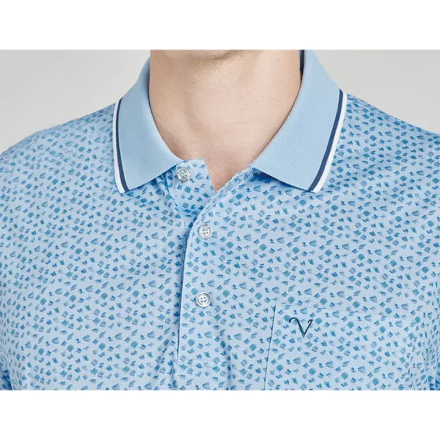 【Emilio Valentino 范倫鐵諾】男裝 吸濕速乾涼爽彈性印花胸袋短袖POLO衫_水藍(66-4V8111)