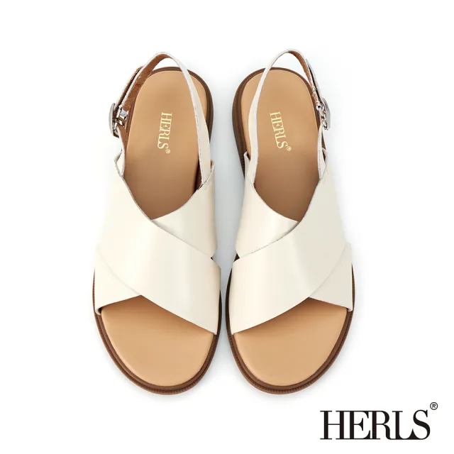 【HERLS】涼鞋-牛皮交叉寬帶造型後帶平底涼鞋(白色)