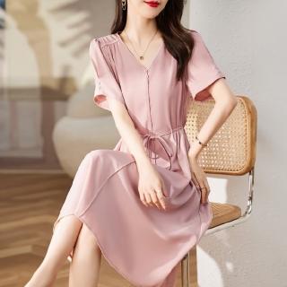 【ONEY 歐妮】★V領氣質綁帶收腰洋裝(女裝/洋裝/套裝/長版上衣/連身裙)