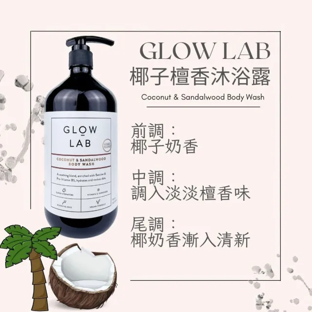 即期品【紐西蘭GLOW LAB】植物精油沐浴露900mlx1(大黃玫瑰/椰子檀香/佛手柑橘/黑莓月桂葉-效期2025/04)