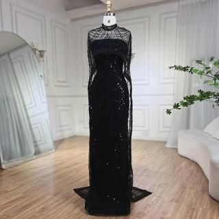 【女神婚紗禮服】輕奢高領珍珠披肩無袖後開叉小魚尾晚禮服LA72032午夜黑(選美宴會敬酒 高級訂製晚禮服)