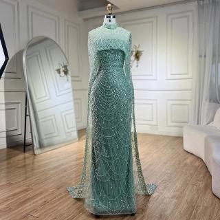 【女神婚紗禮服】輕奢高領珍珠披肩無袖後開叉小魚尾晚禮服LA72032亮綠色(選美宴會敬酒 高級訂製晚禮服)