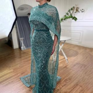 【女神婚紗禮服】輕奢高領珍珠披肩無袖後開叉小魚尾晚禮服LA72032暗綠色(選美宴會敬酒 高級訂製晚禮服)
