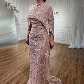 【女神婚紗禮服】輕奢高領珍珠披肩無袖後開叉小魚尾晚禮服LA72032仙女粉(選美宴會敬酒 高級訂製晚禮服)