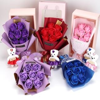 【天使愛美麗】7朵手提模擬香皂玫瑰花束小熊禮盒(畢業禮 情人節 母親節 生日 婚禮 紀念日)