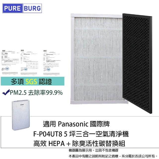 【PUREBURG】適用Panasonic國際牌F-P04UT8 5坪三合一空氣清淨機 副廠濾網組(HEPAX1+活性碳濾心X1)