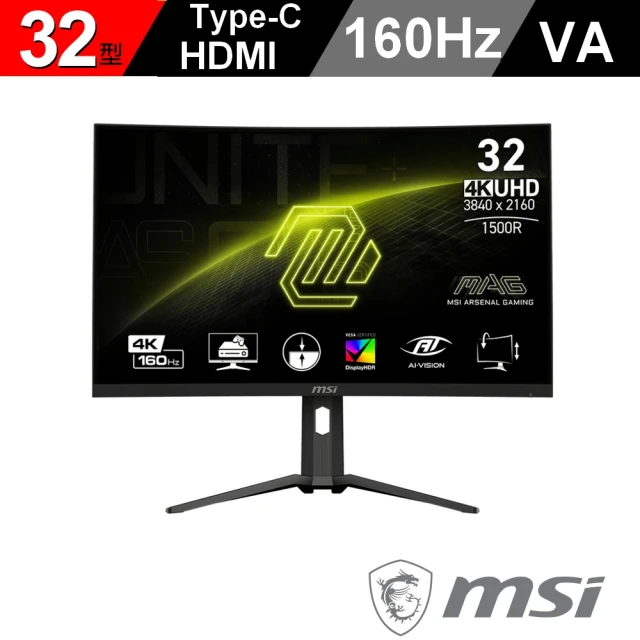 MSI 微星 MAG 321CUP 32型 VA 4K 160Hz 曲面電競螢幕(1500R/AdaptiveSync/Type-C/HDR)