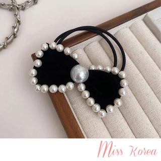 【MISS KOREA】韓國設計珍珠蝴蝶結造型氣質髮繩 綁髮帶(珍珠髮繩 蝴蝶結髮繩)
