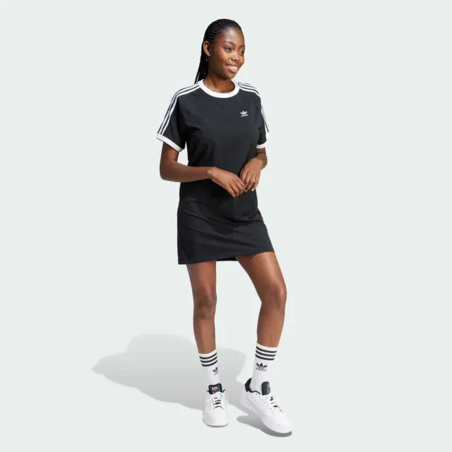 【adidas 愛迪達】3 S RGLN Dress 女 洋裝 長版上衣 運動 休閒 復古 三葉草 穿搭 黑白(IU2534)