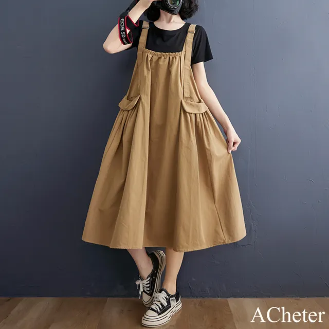 【ACheter】韓版背帶連身裙寬鬆大碼百搭文藝長款口袋吊帶背心洋裝#121884(黑/卡其)