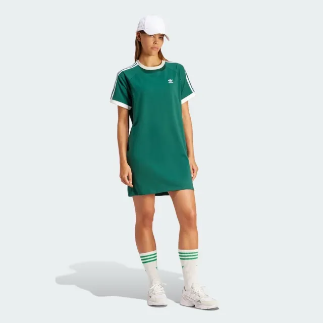 【adidas 愛迪達】3 S RGLN Dress 女 洋裝 長版上衣 運動 休閒 復古 三葉草 穿搭 綠白(IR8085)