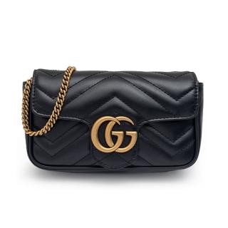 【GUCCI 古馳】476433 經典Marmont系列仿舊金色GG LOGO牛皮山字紋MINI款手拿/腰包/肩背/斜揹包(黑色)