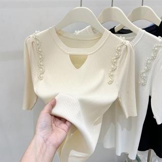 【Paiya 派亞】鏤空針織衫女短袖夏季法式甜辣風設計感冰絲修身上衣女潮(均碼S-2XL可穿)