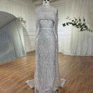 【女神婚紗禮服】輕奢高領珍珠披肩無袖後開叉小魚尾晚禮服LA72032純白色(選美宴會敬酒 高級訂製晚禮服)