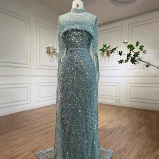 【女神婚紗禮服】輕奢高領珍珠披肩無袖後開叉小魚尾晚禮服LA72032鼠尾綠(選美宴會敬酒 高級訂製晚禮服)