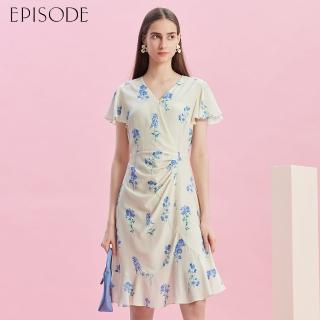 【EPISODE】輕柔舒適蠶絲印花短袖洋裝E43728（藍）